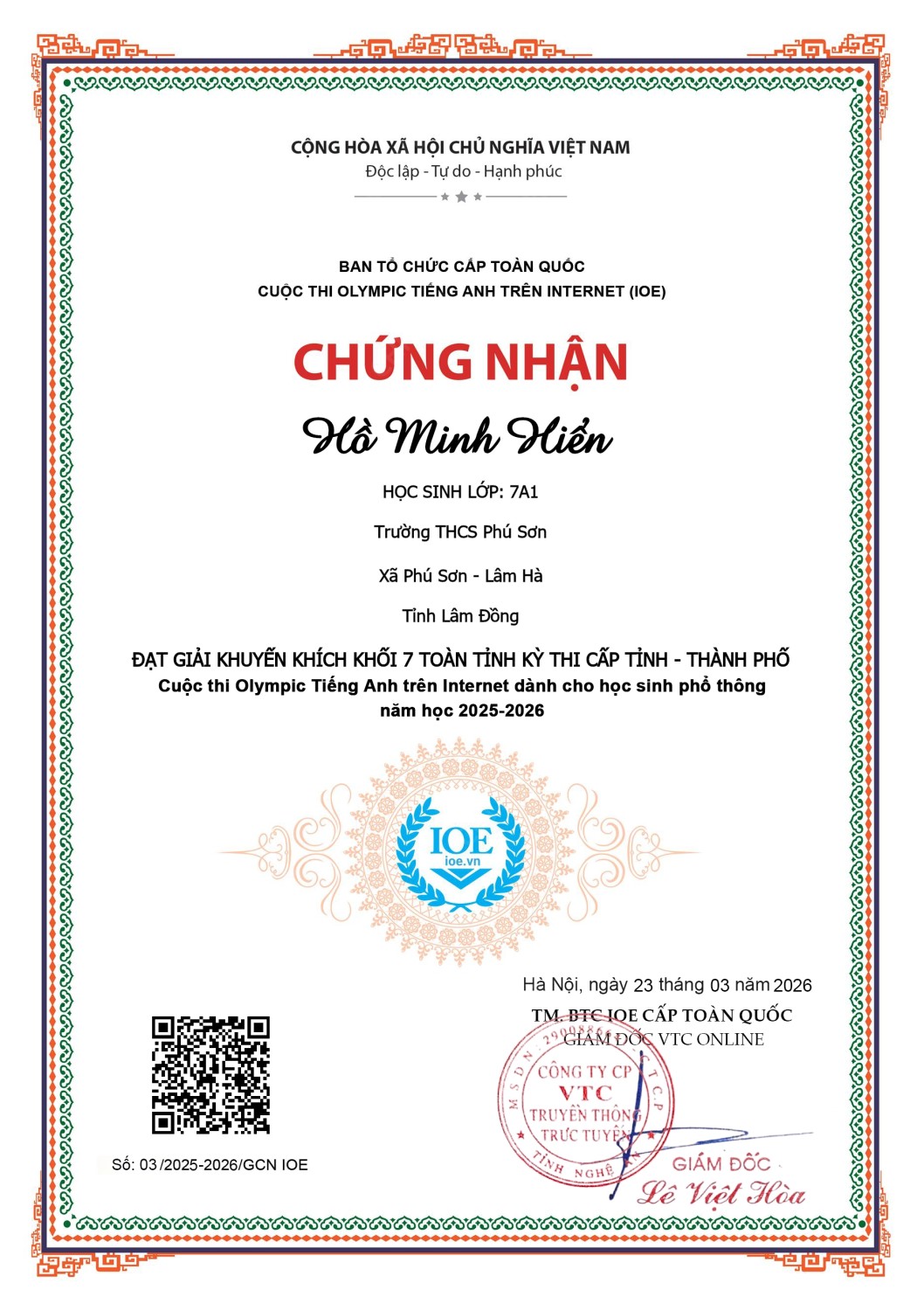 VINH DANH HỌC SINH ĐẠT GIẢI IOE CẤP TỈNH